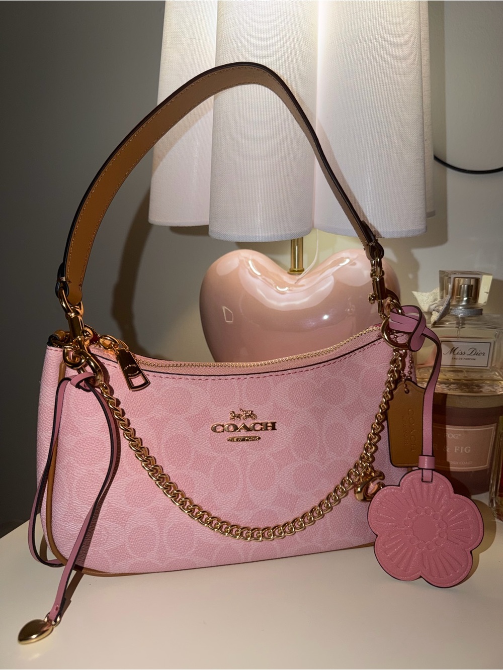 Coach Pink Signature Chain Shoulder Bag with Floral Charm